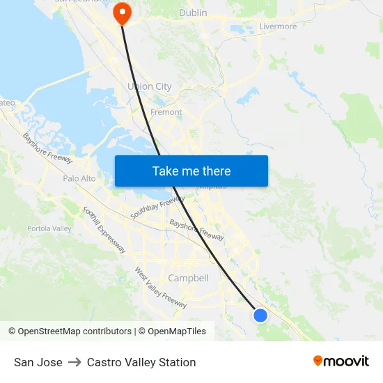 San Jose to Castro Valley Station map
