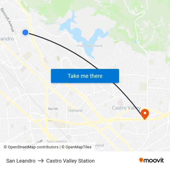 San Leandro to Castro Valley Station map