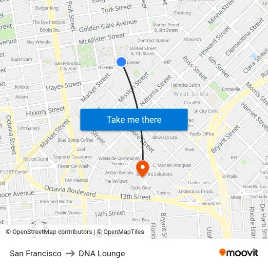 San Francisco to DNA Lounge map