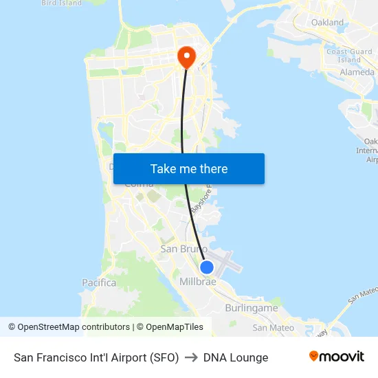 San Francisco Int'l Airport (SFO) to DNA Lounge map