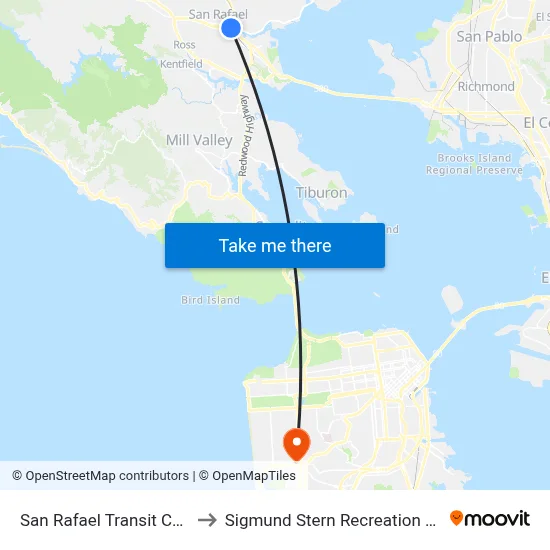 San Rafael Downtown to Sigmund Stern Recreation Grove map