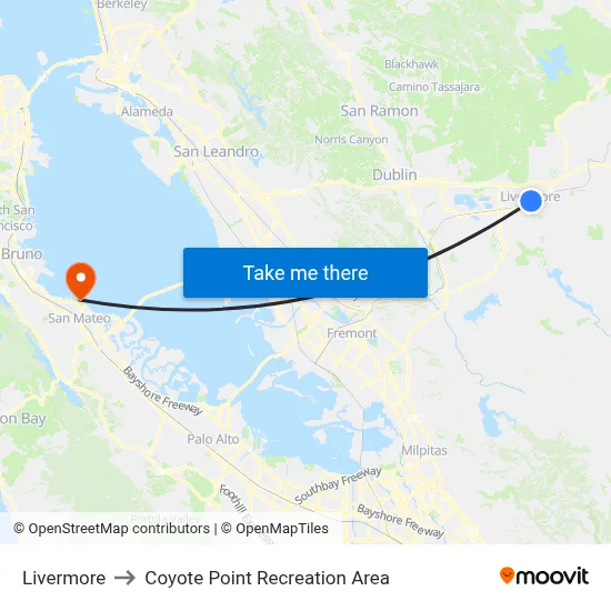 Livermore to Coyote Point Recreation Area map
