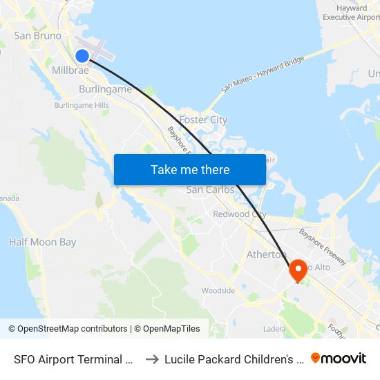 SFO Airport Terminal A-Lower Level to Lucile Packard Children's Hospital West map