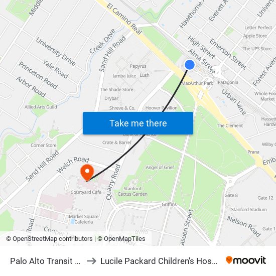 Palo Alto Transit Center to Lucile Packard Children's Hospital West map