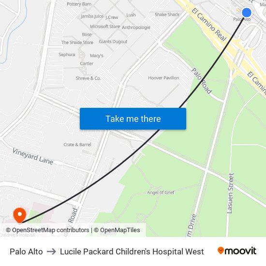 Palo Alto to Lucile Packard Children's Hospital West map