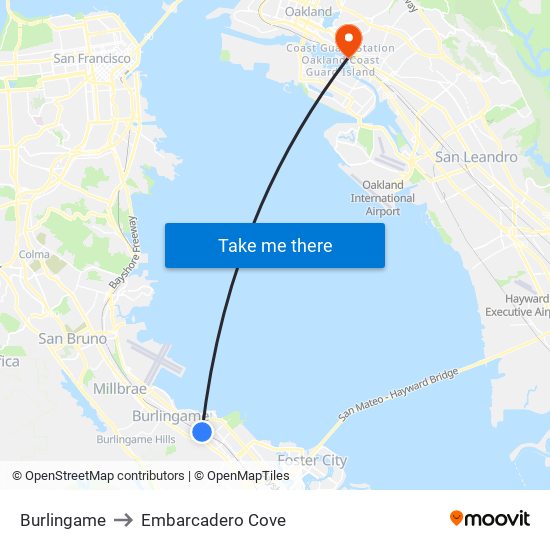 Burlingame to Embarcadero Cove map