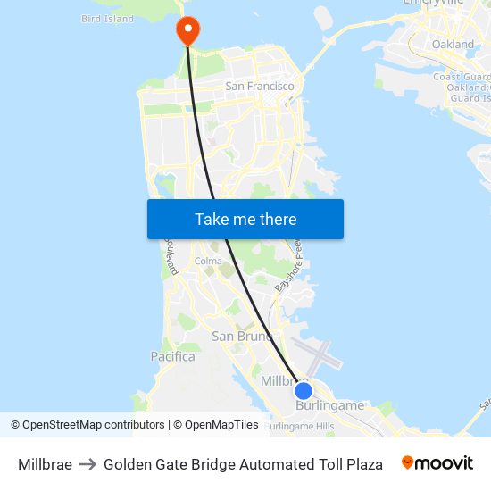 Millbrae to Golden Gate Bridge Automated Toll Plaza map