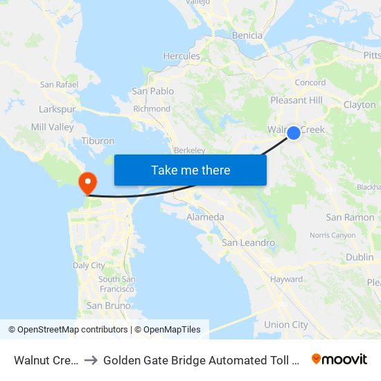 Walnut Creek to Golden Gate Bridge Automated Toll Plaza map
