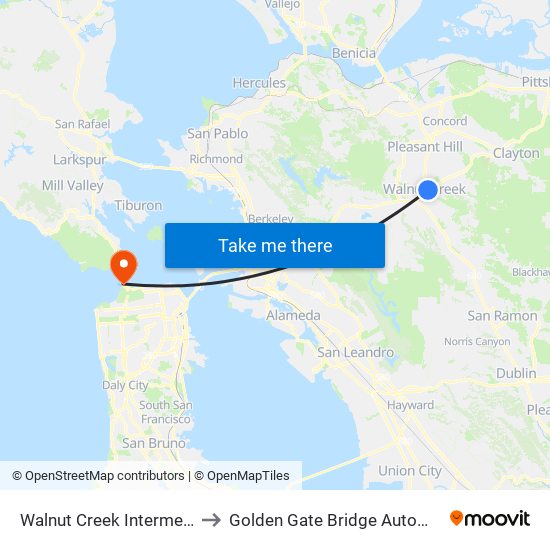 Walnut Creek Intermediate School to Golden Gate Bridge Automated Toll Plaza map