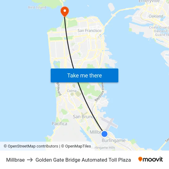 Millbrae to Golden Gate Bridge Automated Toll Plaza map