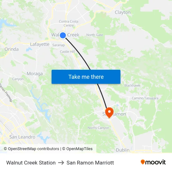 Walnut Creek Station to San Ramon Marriott map