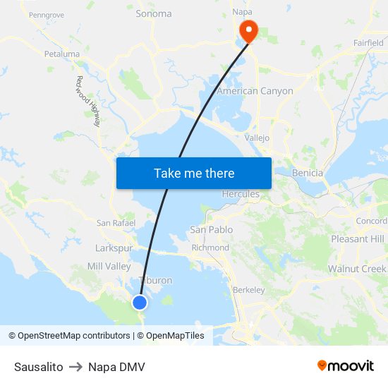 Sausalito to Napa DMV map