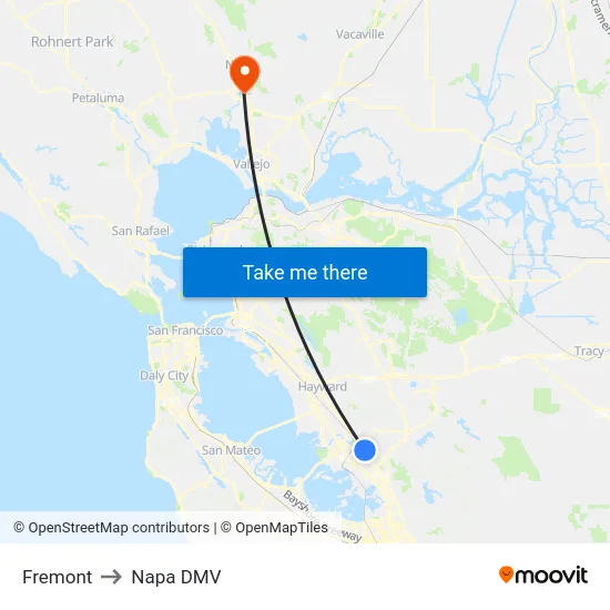 Fremont to Napa DMV map