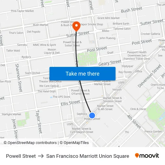 Powell Street to San Francisco Marriott Union Square map