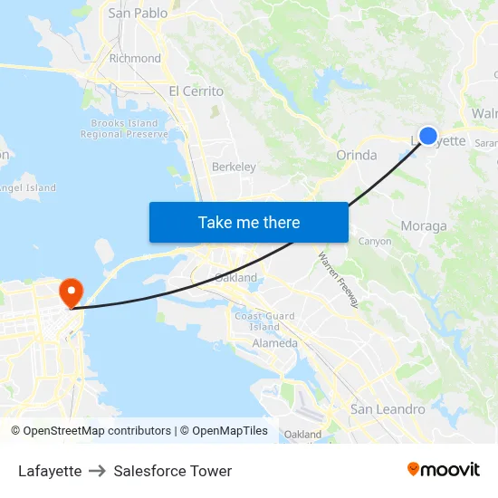 Lafayette to Salesforce Tower map