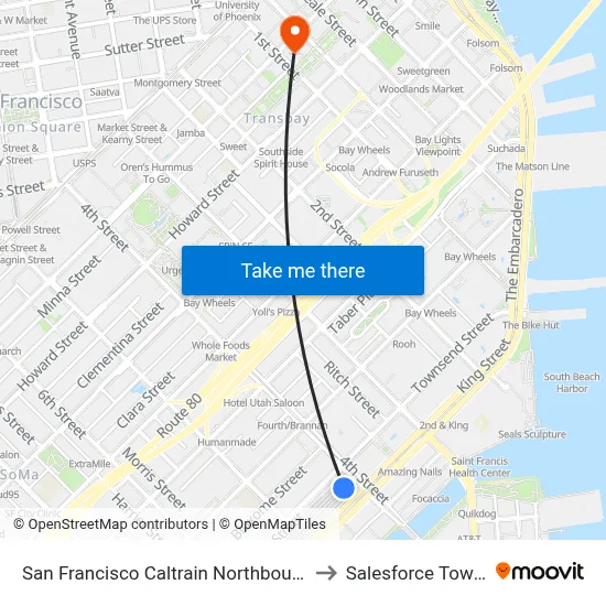 San Francisco Caltrain Northbound to Salesforce Tower map