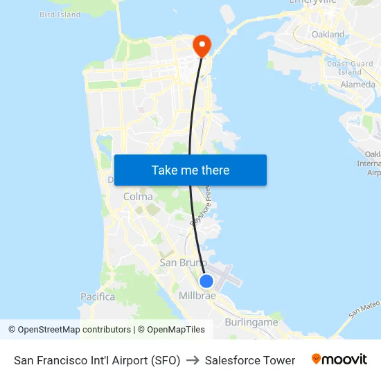 San Francisco Int'l Airport (SFO) to Salesforce Tower map