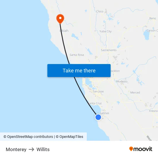 Monterey to Willits map