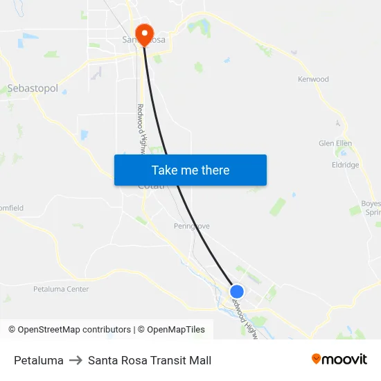 Petaluma to Santa Rosa Transit Mall map