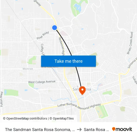 The Sandman Santa Rosa Sonoma, An Ascend Collection Hotel to Santa Rosa Transit Mall map
