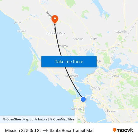 Mission St & 3rd St to Santa Rosa Transit Mall map