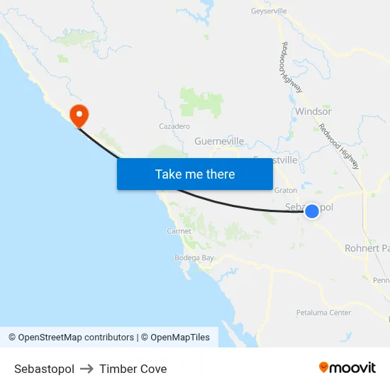 Sebastopol to Timber Cove map