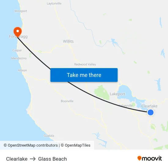 Clearlake to Glass Beach map