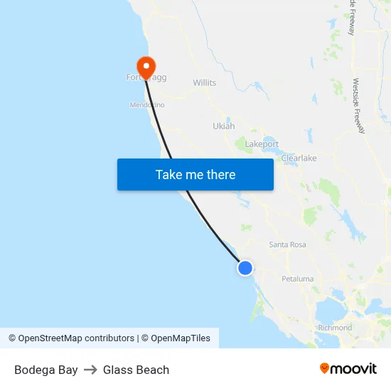 Bodega Bay to Glass Beach map