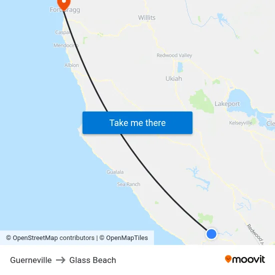 Guerneville to Glass Beach map