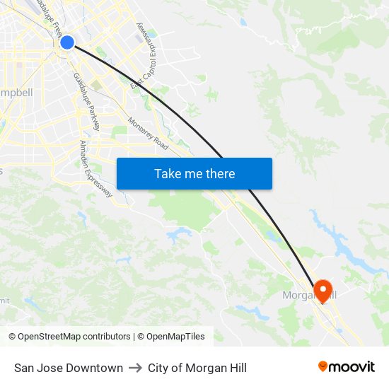 San Jose Downtown to City of Morgan Hill map
