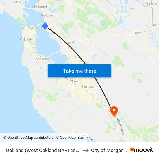 Oakland (West Oakland BART Station) to City of Morgan Hill map