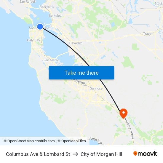 Columbus Ave & Lombard St to City of Morgan Hill map