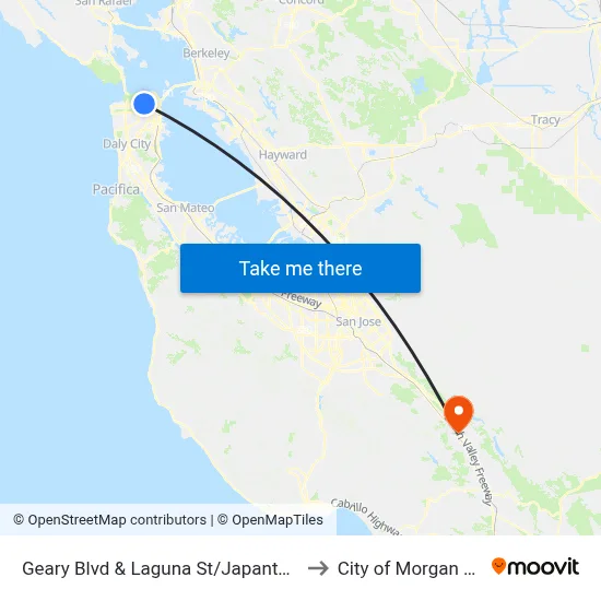 Geary Blvd & Laguna St/Japantown to City of Morgan Hill map