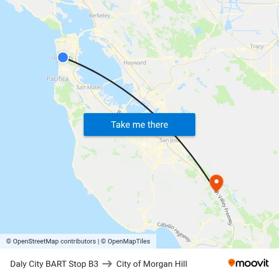 Daly City BART Stop B3 to City of Morgan Hill map