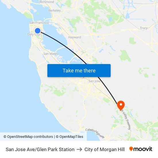 San Jose Ave/Glen Park Station to City of Morgan Hill map