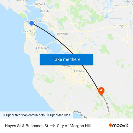 Hayes St & Buchanan St to City of Morgan Hill map