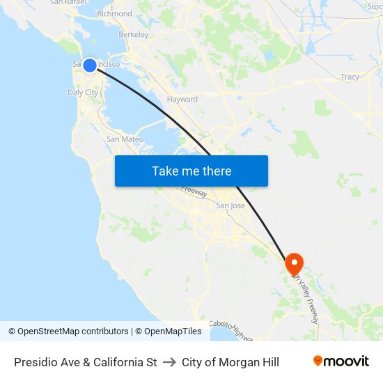 Presidio Ave & California St to City of Morgan Hill map