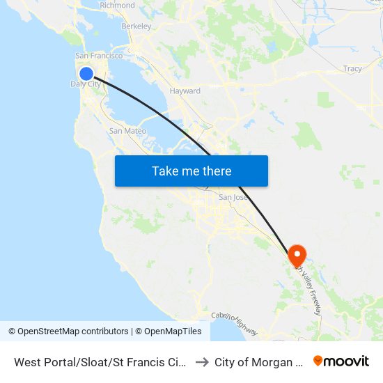 West Portal/Sloat/St Francis Circle to City of Morgan Hill map