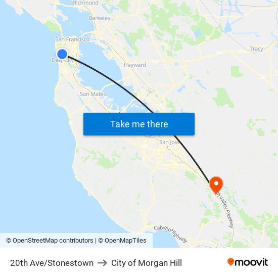 20th Av/Macy's Stonestown to City of Morgan Hill map