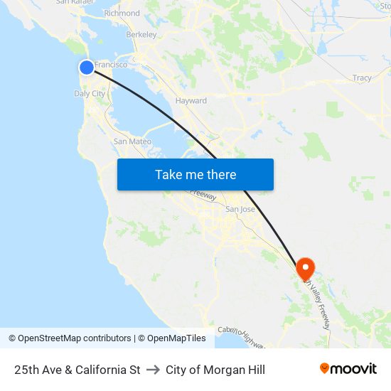 25th Ave & California St to City of Morgan Hill map