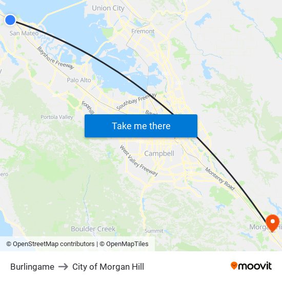 Burlingame to City of Morgan Hill map