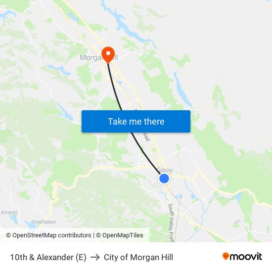 10th & Alexander (E) to City of Morgan Hill map