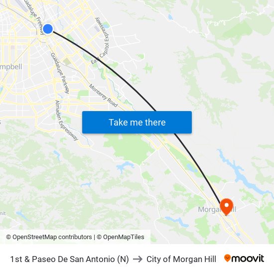 1st & Paseo De San Antonio (N) to City of Morgan Hill map