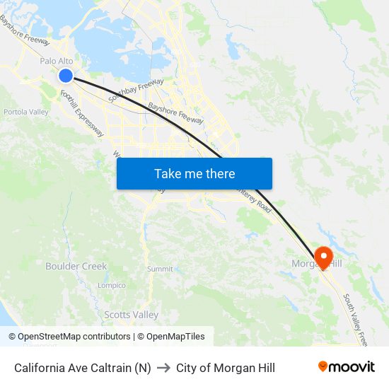 California Ave Caltrain (N) to City of Morgan Hill map