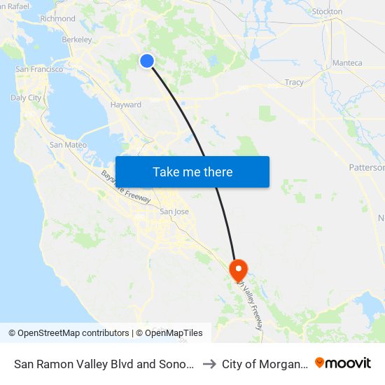 San Ramon Valley Blvd and Sonora Ave to City of Morgan Hill map