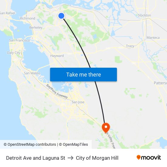 Detroit Ave and Laguna St to City of Morgan Hill map