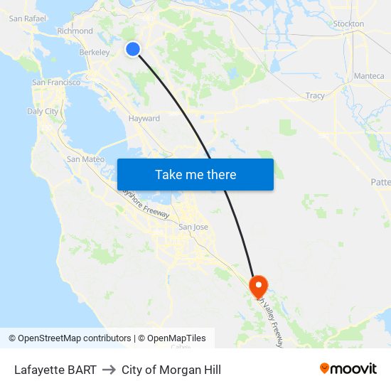 Lafayette BART to City of Morgan Hill map