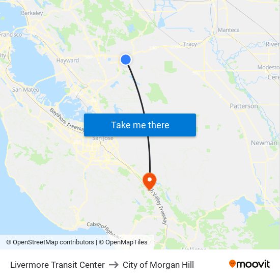 Livermore Transit Center to City of Morgan Hill map