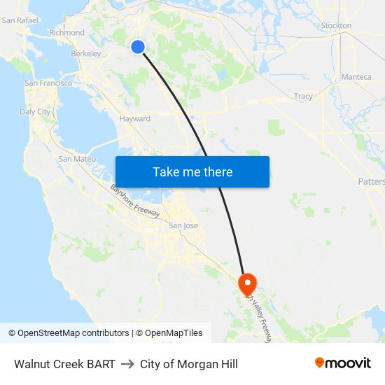 Walnut Creek BART to City of Morgan Hill map