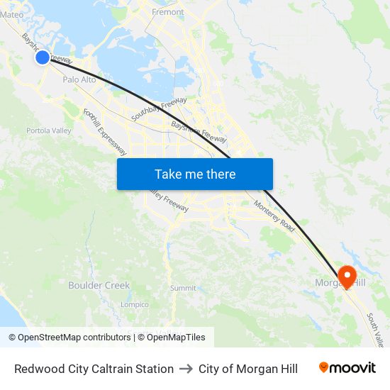 Redwood City Caltrain Station to City of Morgan Hill map